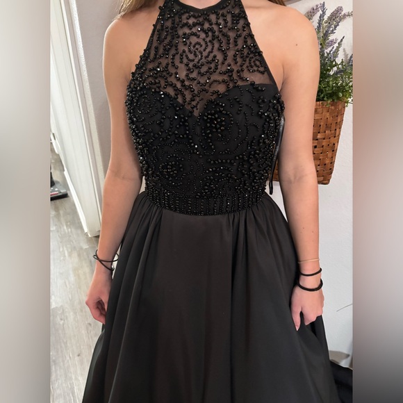 Sherri Hill black satin and crystals formal dress with crinoline. - Picture 4 of 6